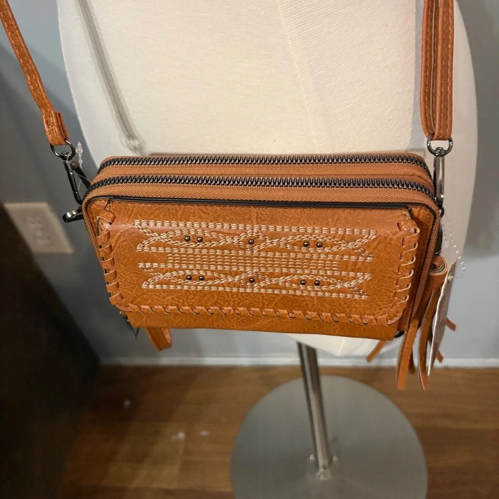 Sam & Hadley Cognac Brown‎ Vegan Leather Embroidered Beaded Crossbody Bag